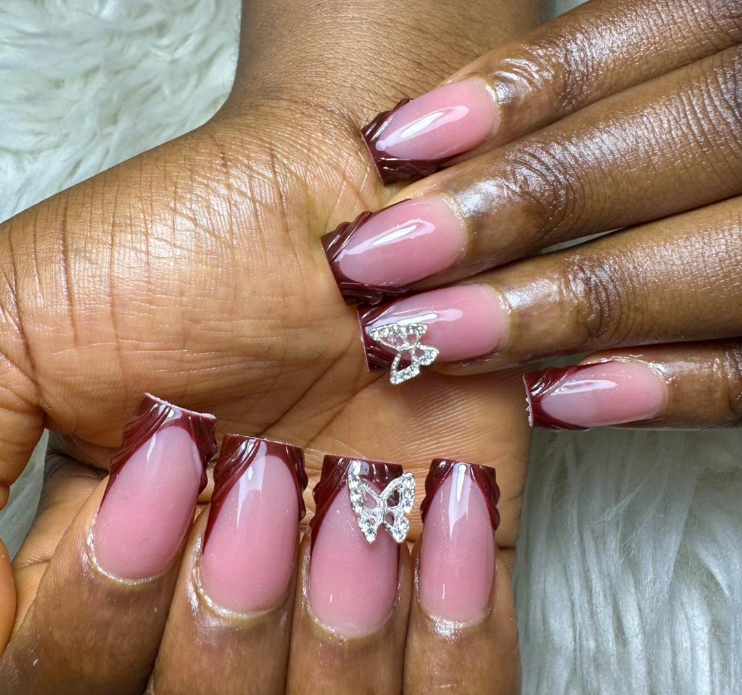 Pink Nails with Burgundy Tips